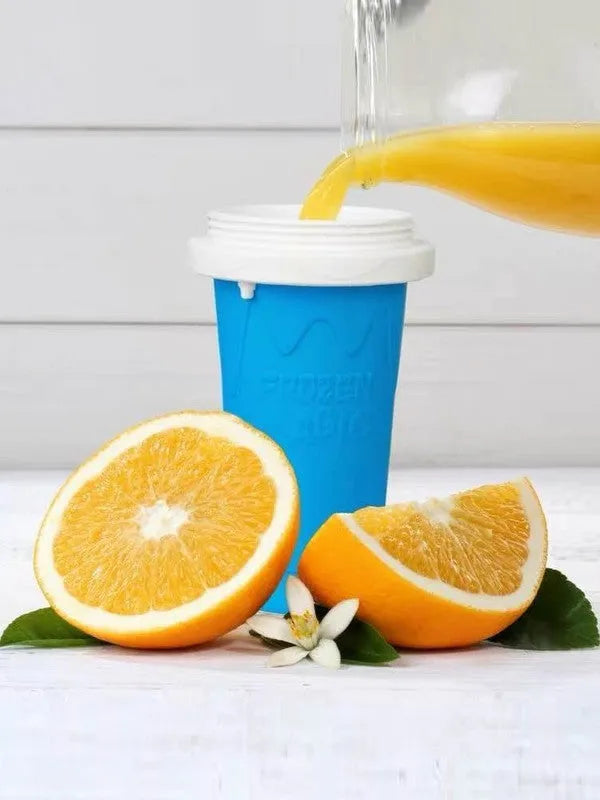 Blue reusable silicone instant cooling pinch cup with cylindrical double-layer design.