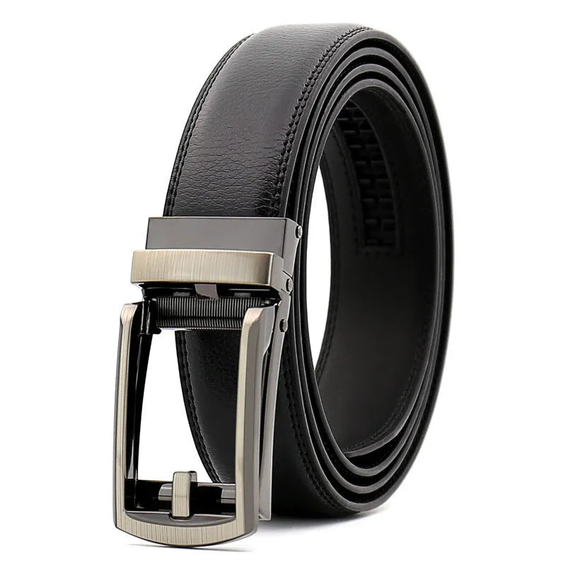 Automatic buckle belt in black, two-layer cowhide leather, alloy buckle, 3.1cm width