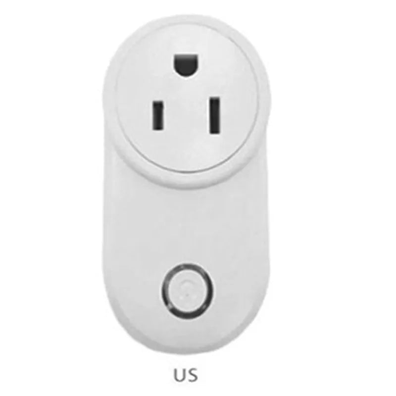 White Wi-Fi smart socket with UK 3-pin plug on a table next to a smartphone showing the ewelink app.
