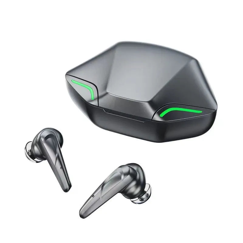 Wireless Bluetooth in-ear gaming headset with compact charging case in black, grey, white, or yellow.
