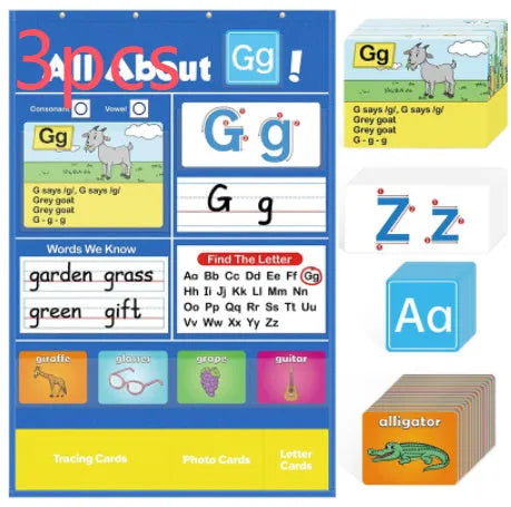 Alphabet learning chart for children with word cards, letter cards, and picture cards laid out.