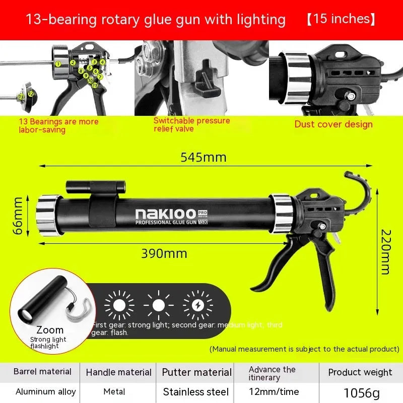 Aluminium alloy manual glue gun with 13 bearing structure for sealant application.