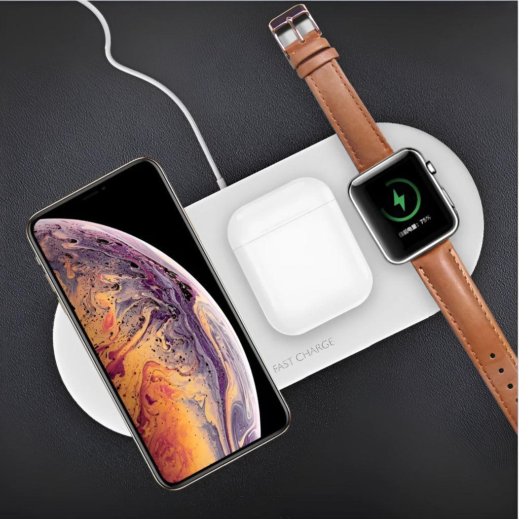 Black and white three-in-one wireless charging station for Apple iPhone, iWatch, and headphones on a desk.