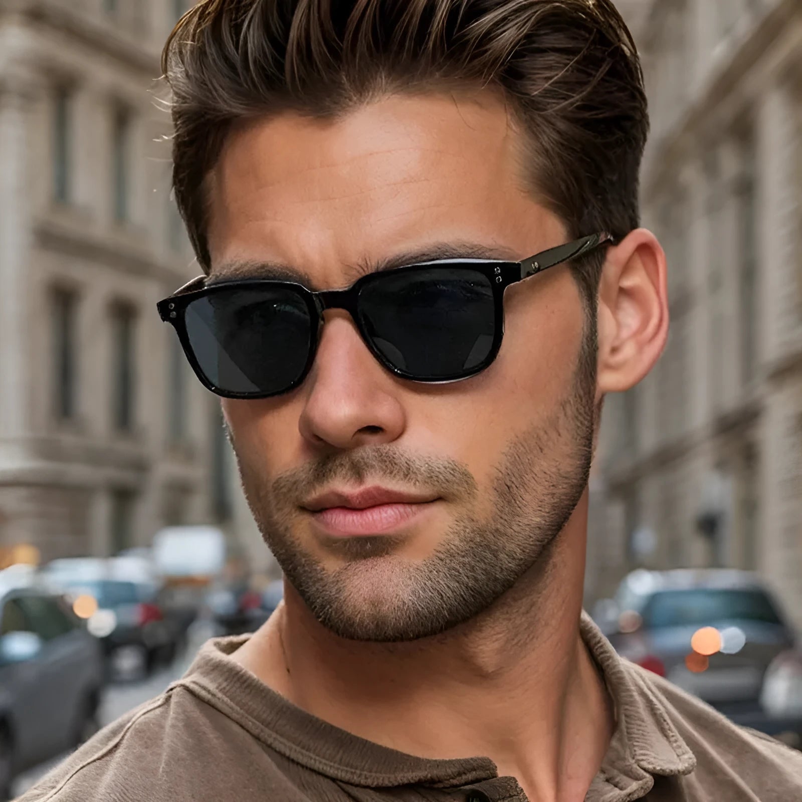 Men's fashion sunglasses with black frame and gray AC UV400 lenses, PC frame, box style