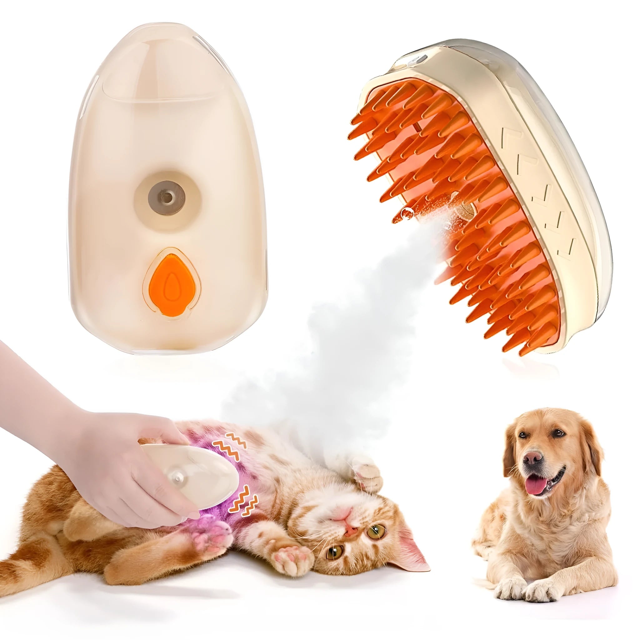 Yellow rechargeable cat steam brush with silicone teeth, water tank, and UV lamp for pet grooming.