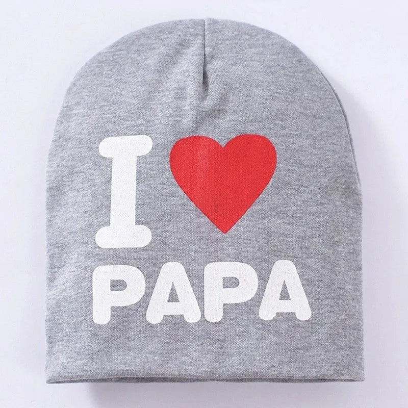 Cotton Lycra baby hat with love mama papa patterns in black grey white colours