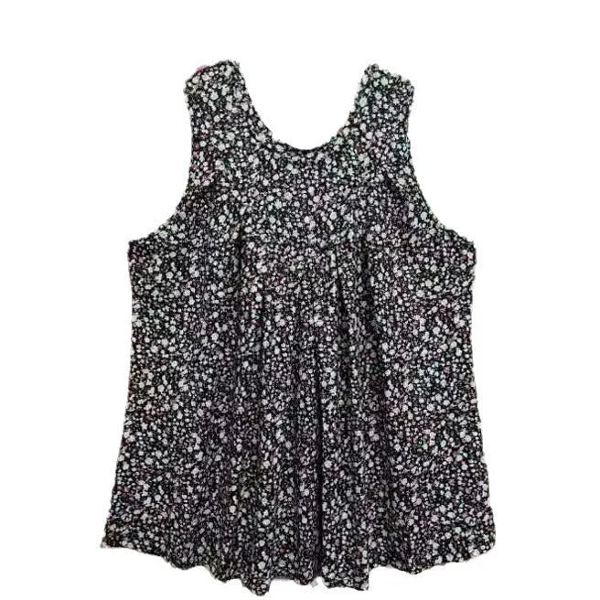 Black plus size sleeveless vest with floral print, loose fit, on a hanger.