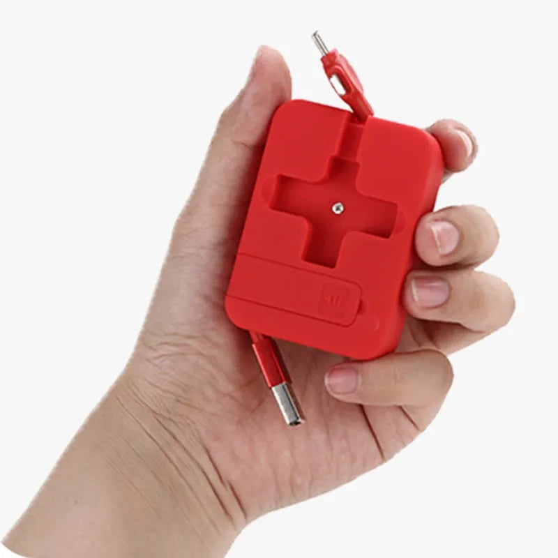 Macaron telescopic bracket three-in-one charging cable with USB, iPhone, and Micro USB connectors extended