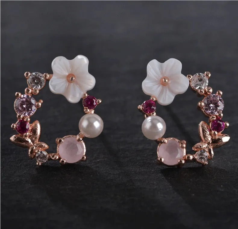 Sweet flower earrings for women alloy rhinestone blue
