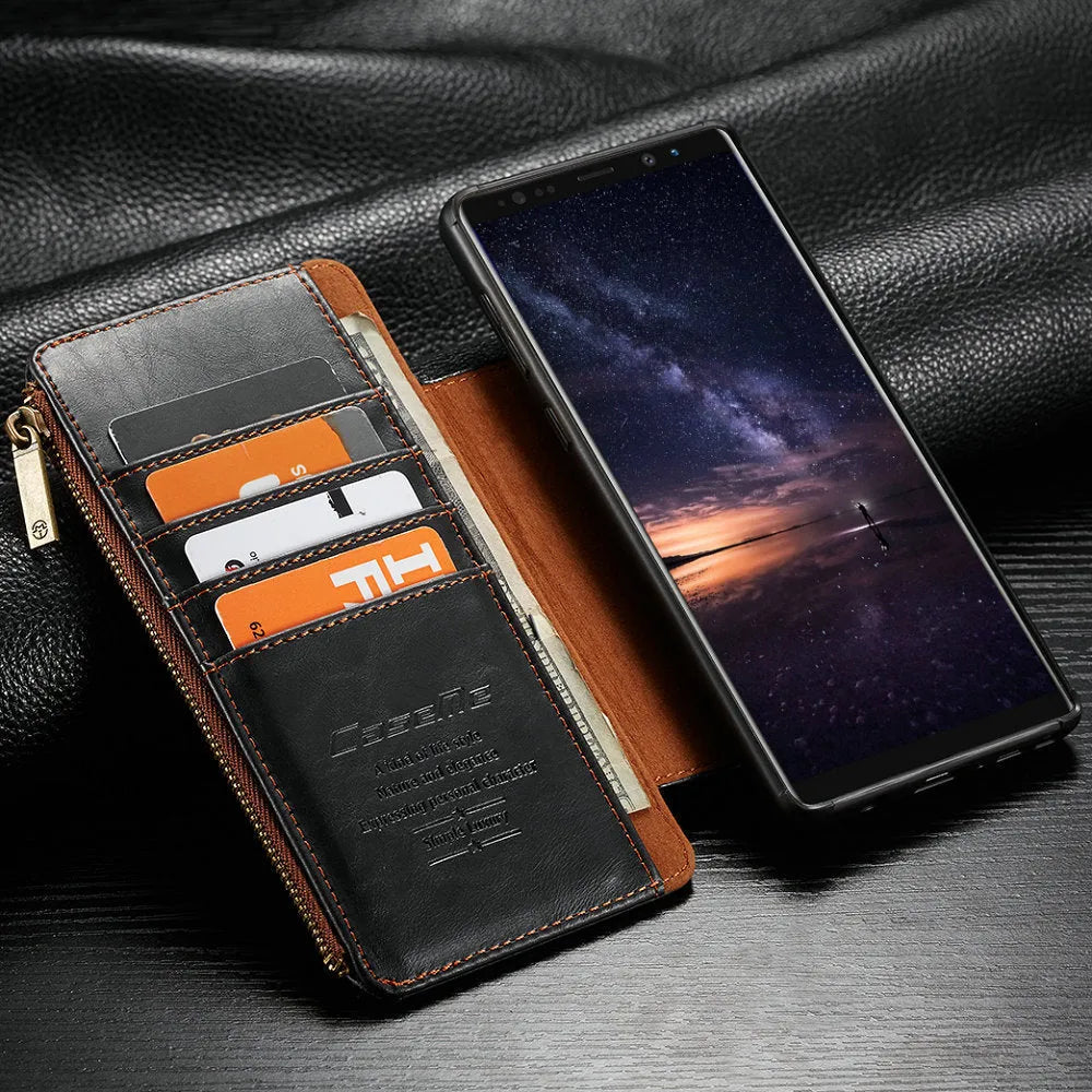 Samsung Note9 leather flip phone case in black, brown, and red colour options showing flip cover design