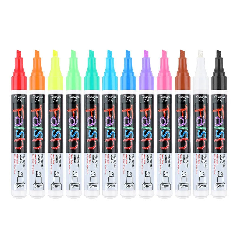 Set of electronic fluorescent board highlighter pens with plastic shells in multiple colours on a retail card.