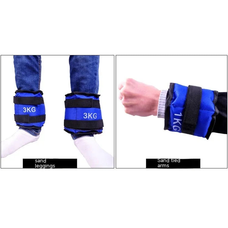 A pair of Oxford cloth legging sandbags for athletic training, shown with weight options from 1kg to 6kg.