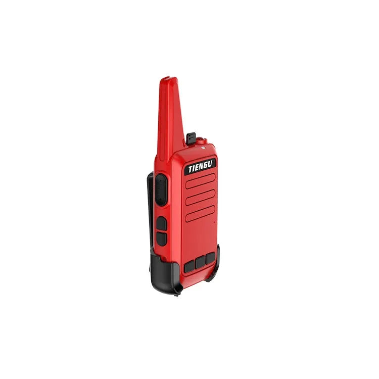 TIENGU black handheld two-way radio with antenna, LED flashlight, and back clip on a plain background