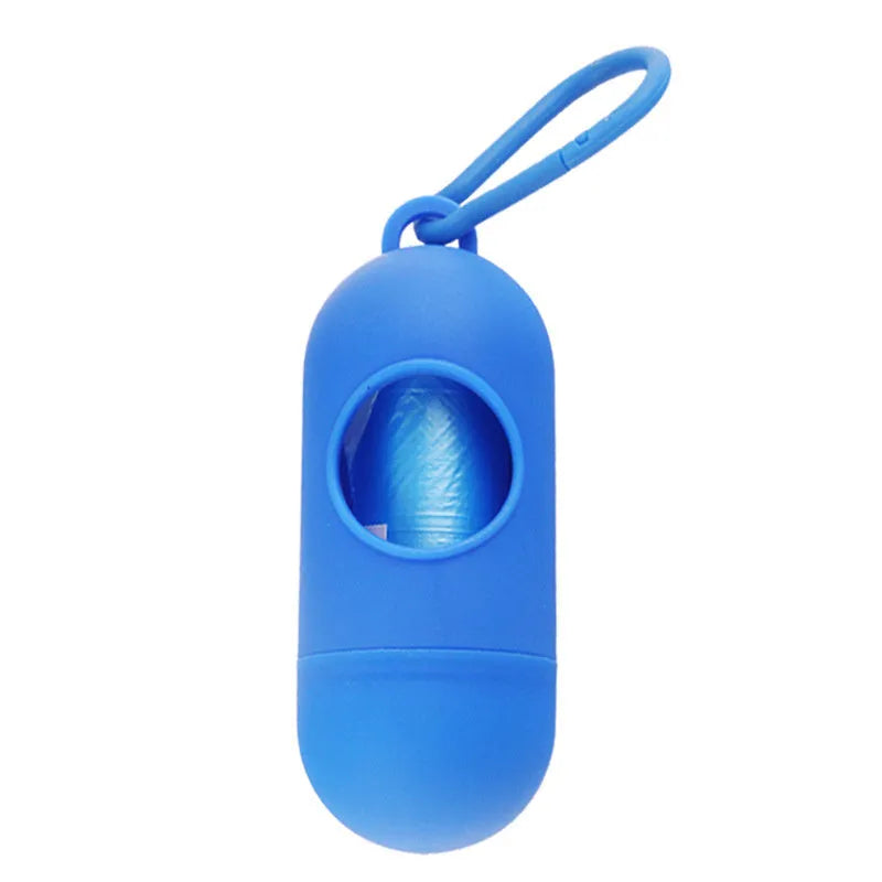 Compact dog poop bag holder with side hook and Velcro base, shown in assorted colours