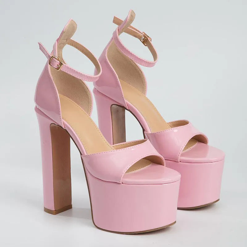 Women's waterproof platform super high heel with word buckle in black, pink, and apricot, sizes 35-40