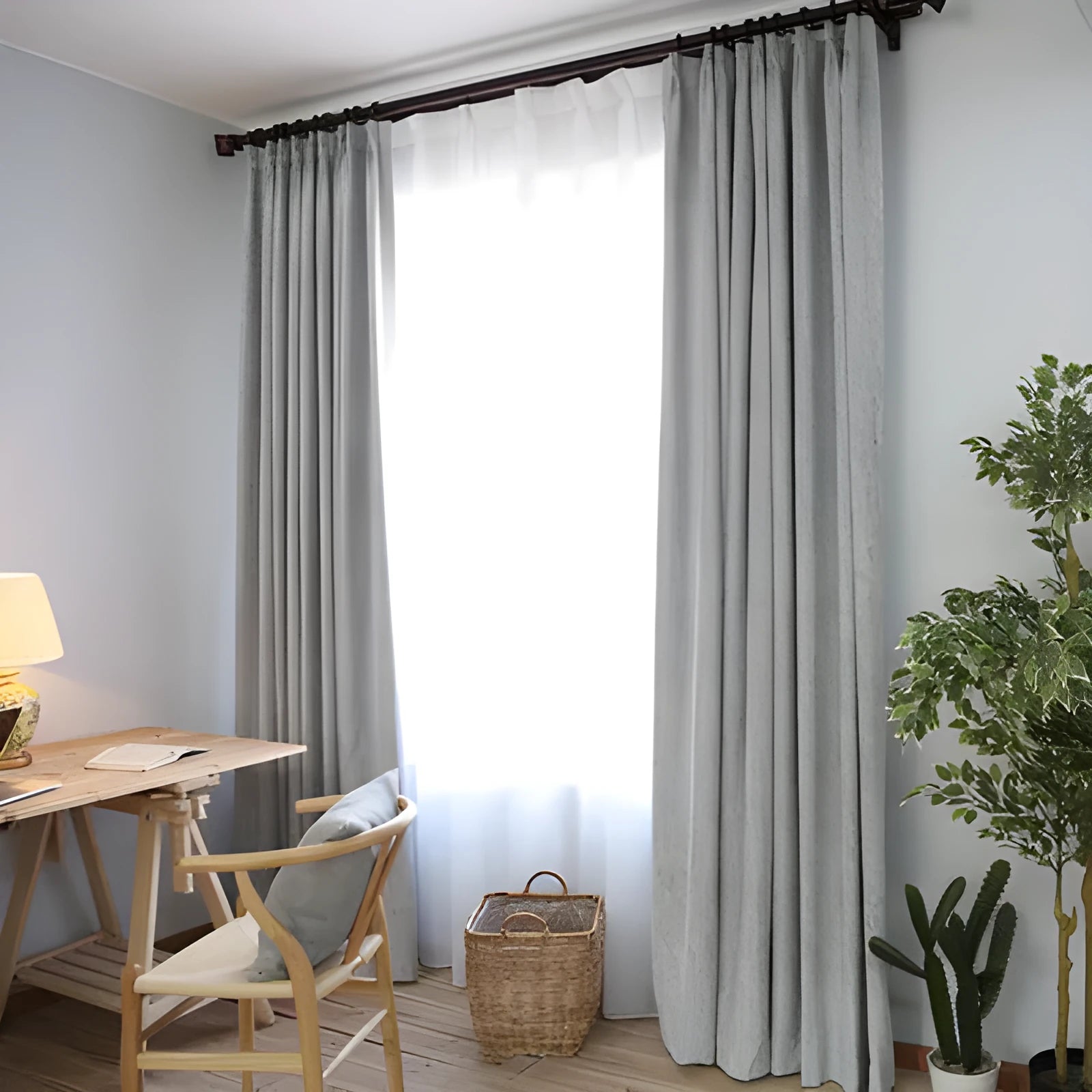 Solid colour thick cotton-style polyester curtain fabric in blue, grey, purple, yellow half shading