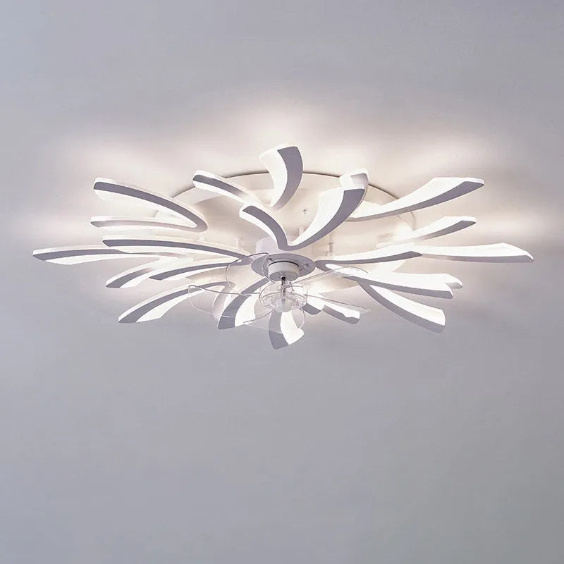 Modern white ceiling fan light with six-blade design and integrated light fitting on a room ceiling.