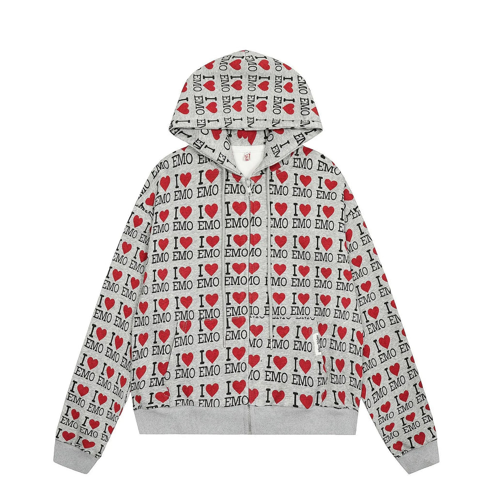Women's melange grey retro pattern hooded cardigan sweater on a hanger.