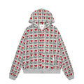 Women's melange grey retro pattern hooded cardigan sweater on a hanger.