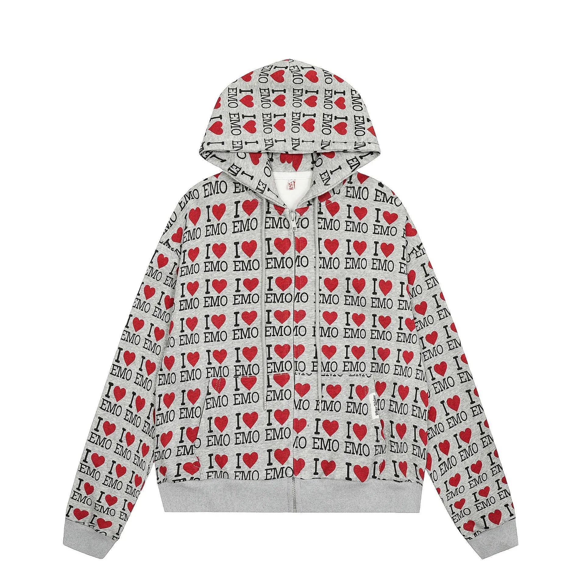 Women's melange grey retro pattern hooded cardigan sweater on a hanger.