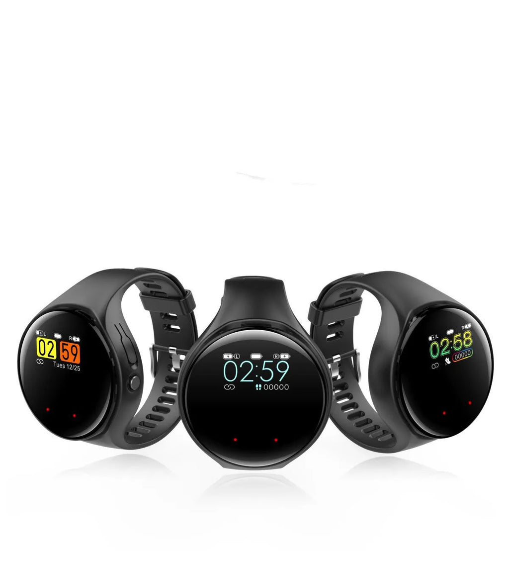 Black Bluetooth headset detached from a smart bracelet with a colour screen, showing a heart rate graph.