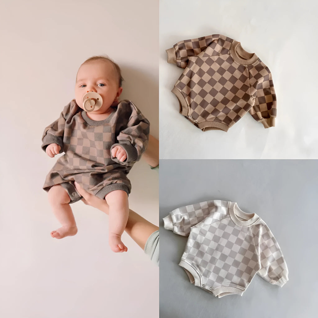 Baby cotton chessboard plaid pullover jumpsuit in brown plaid, long sleeves, neutral style