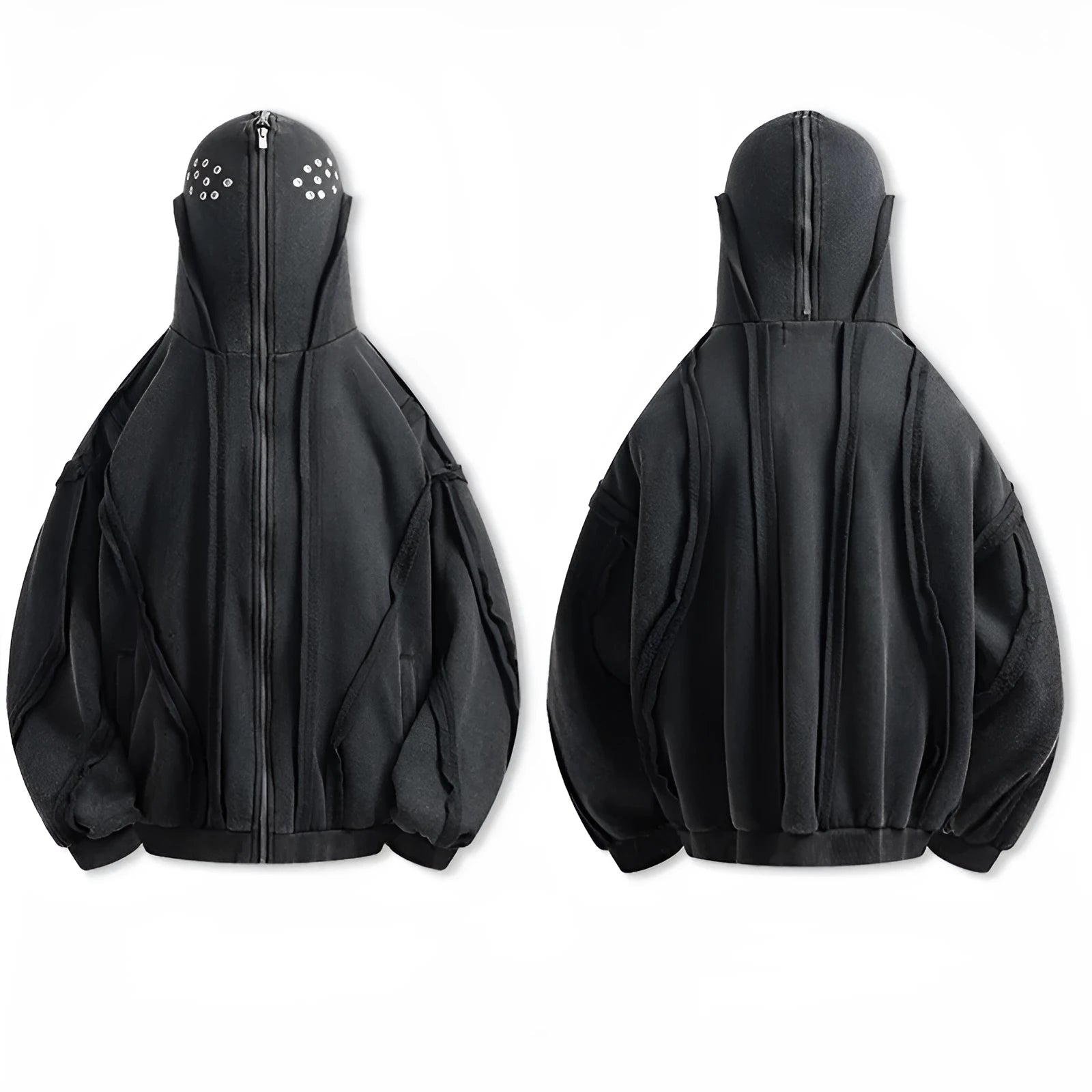Black padded cotton cardigan coat with a zip front, hood, and abstract pattern.