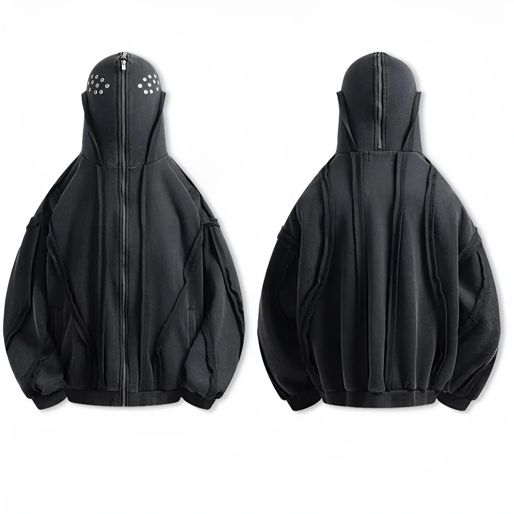 Black loose zip hooded coat with an abstract pattern and padding.