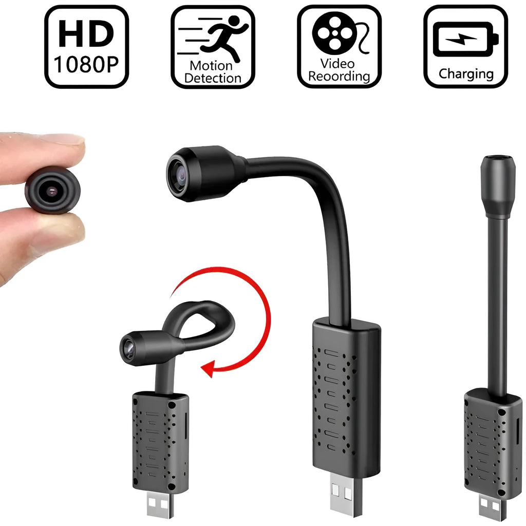 Black V380 wireless USB camera showing compact size of 158mm long, 26mm wide, and 15mm deep.