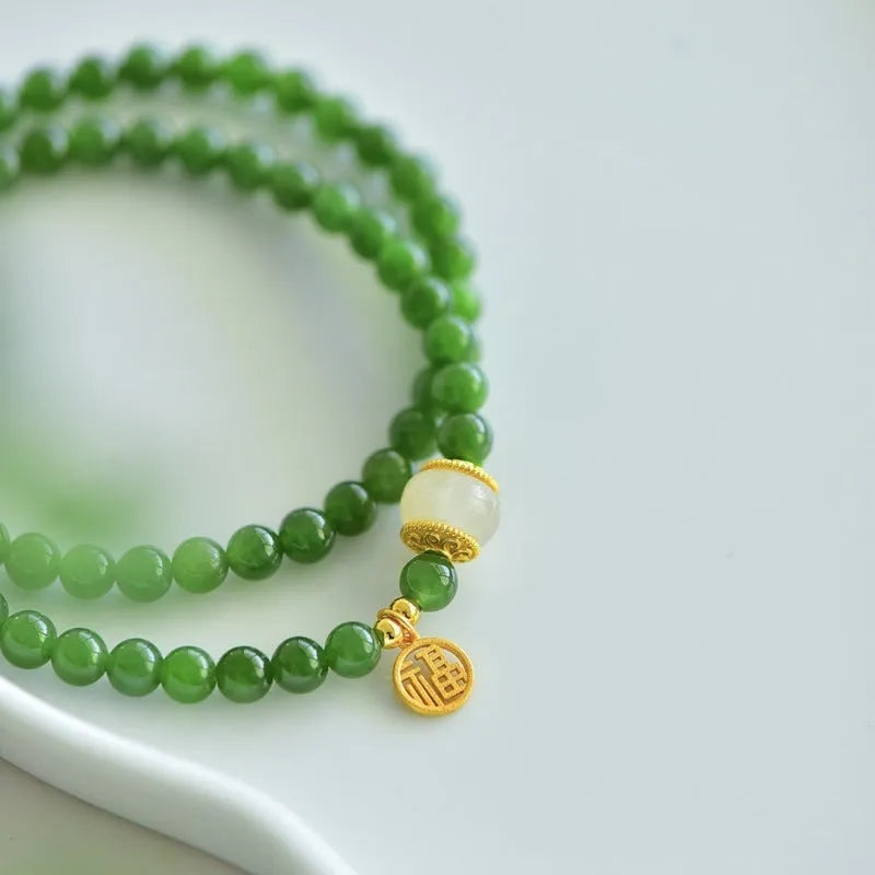 Natural Hetian jade double circle women's bracelet with geometric fu character design, 6mm diameter