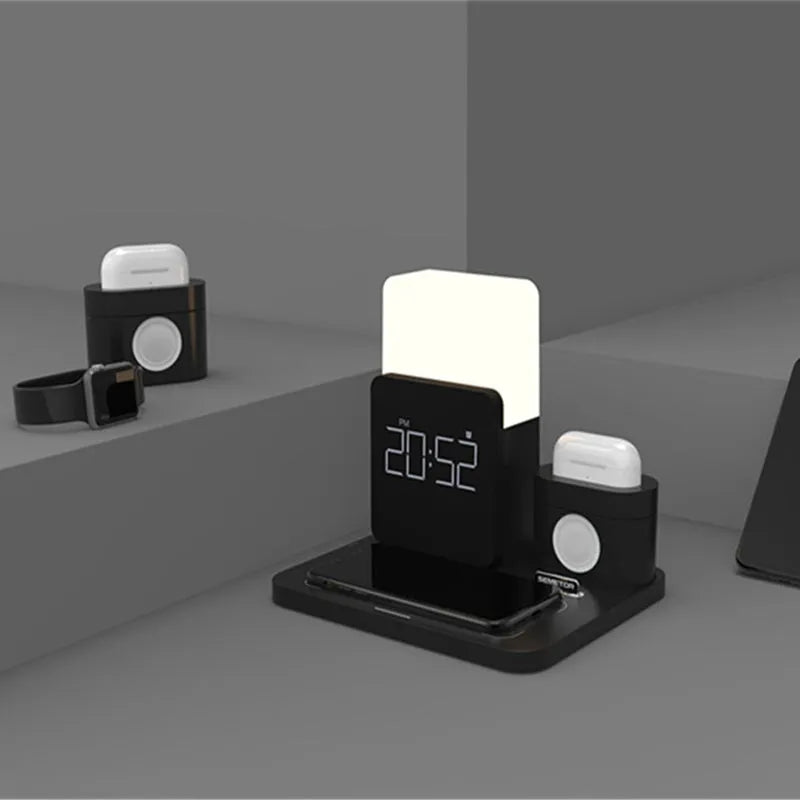 A dark green 3-in-1 Qi wireless charging stand holding a smartphone.