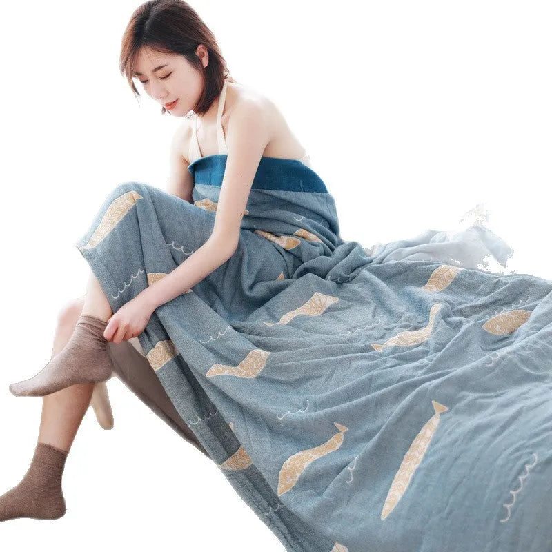Pure cotton five-layer gauze bed sheet blanket in Roulette Wheel Blue pattern, shown flat.