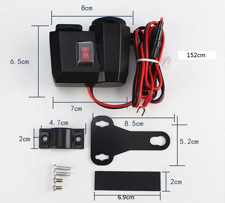 Motorcycle USB waterproof car charger with dual ports voltmeter and cigarette lighter black