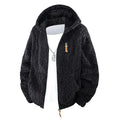 Men's hooded fleece zip-up jacket in corduroy fabric with fleece lining, black colour, full front zip