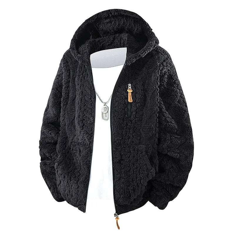 Men's hooded fleece zip-up jacket in corduroy fabric with fleece lining, black colour, full front zip