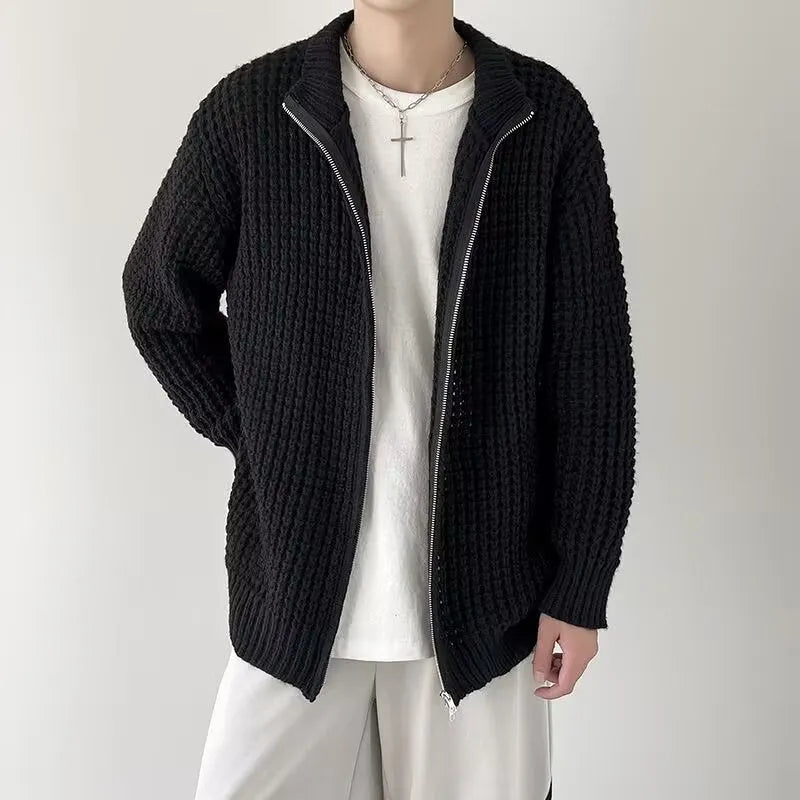 Men's thickened cardigan coat in black with loose fit and rabbit hair blend fabric, front view