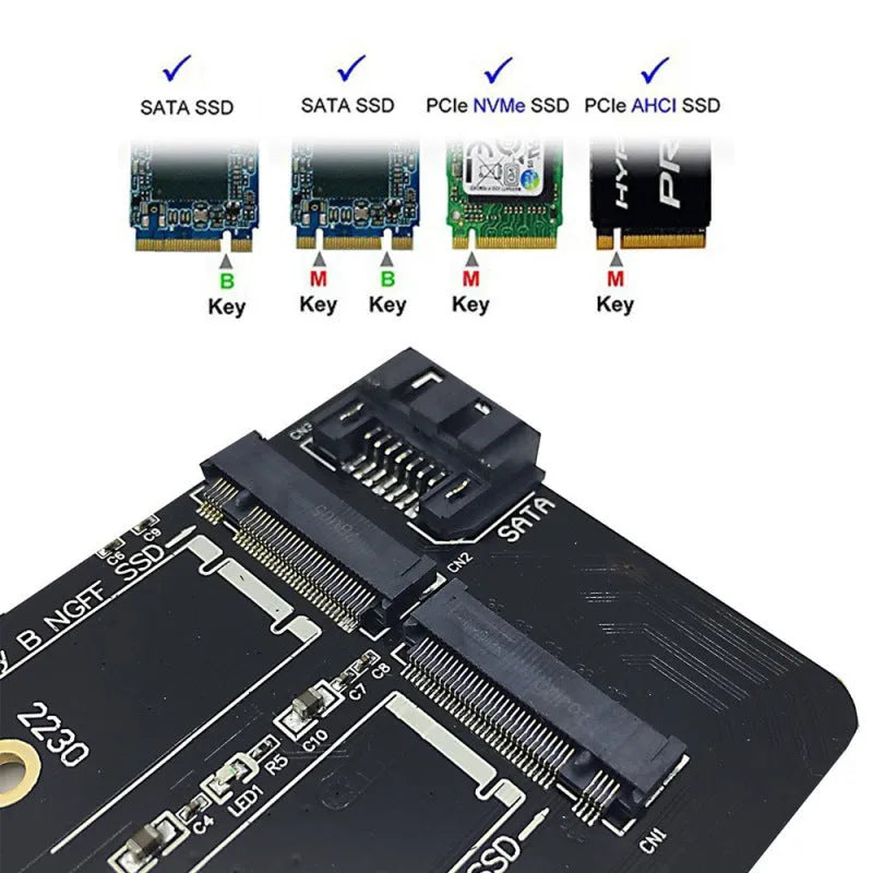 Black M.2 SSD adapter card with PCIe X4 interface, two M.2 slots (Key B and Key M), and support for 2230 2242 2260 2280 sizes