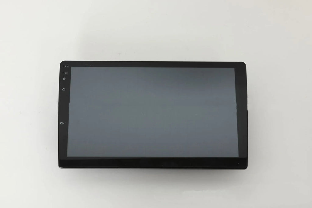 Black universal Android car head unit with 10.1 inch touch screen display showing GPS navigation map.