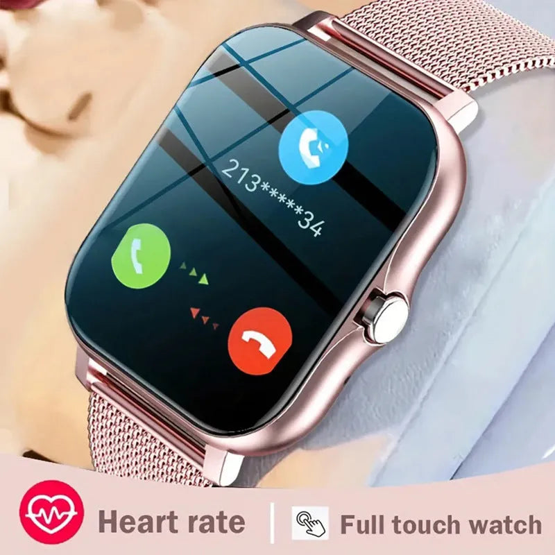 Smart watch with 1.44-inch touch screen on a silicone strap, showing call and health tracking interface.