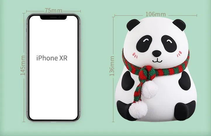 Panda-shaped silicone night light with USB charging port and compact design.