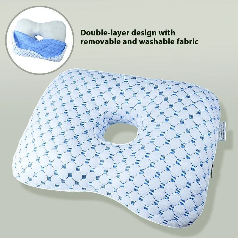 Beauty salon single hole ear pillow for adults in grey plaid pattern, showing dimensions.