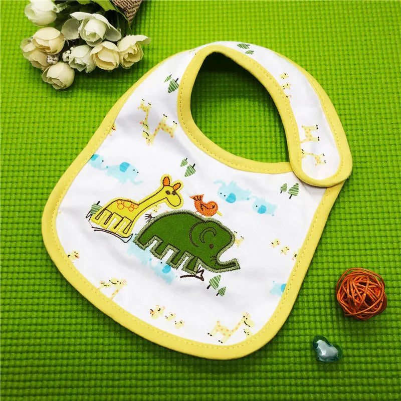 Three-layer waterproof polyester cotton baby bib with cartoon animal pattern in blue car design
