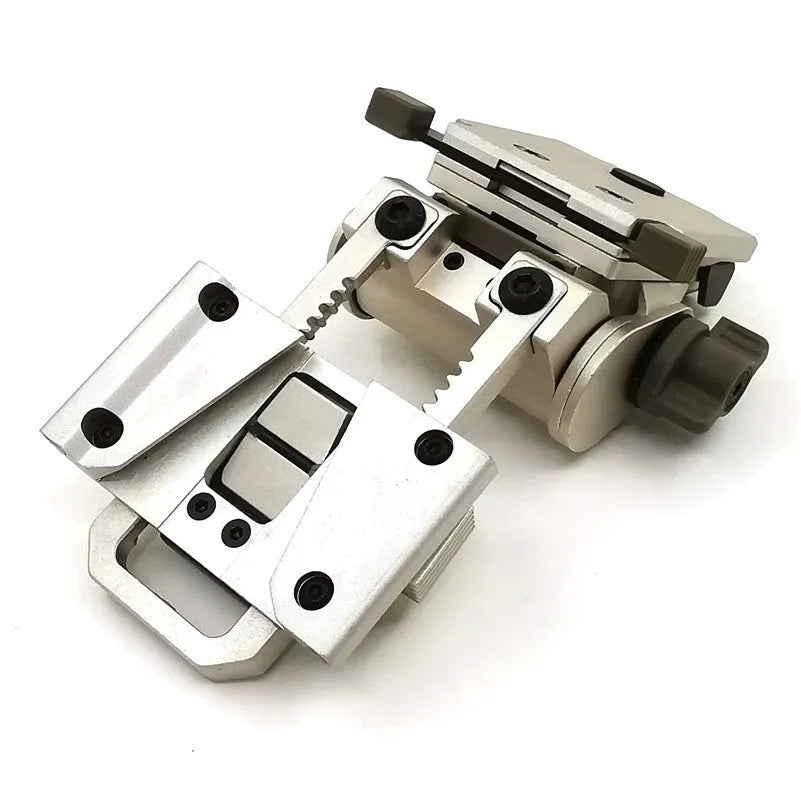 Aluminium tactical helmet dumper bracket in black, shown next to a silver and brown version