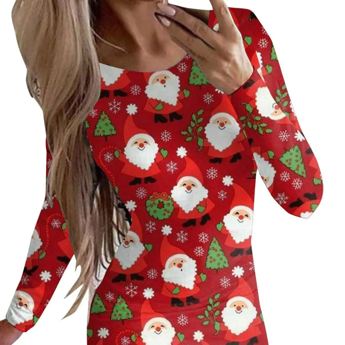 Women's tight-fitting Christmas dress with floral print, round neck, long sleeves, and short hip skirt.