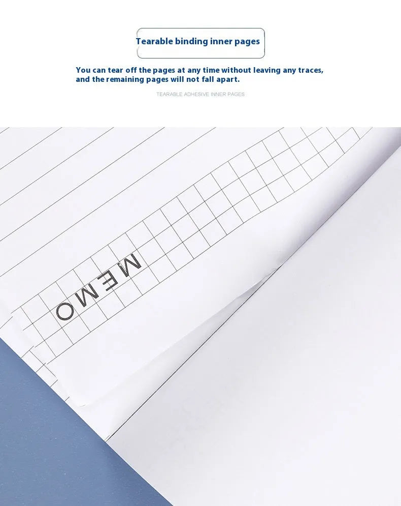 A4 tearable notebook with a paper cover and ivory white grid pages, showing adhesive binding.