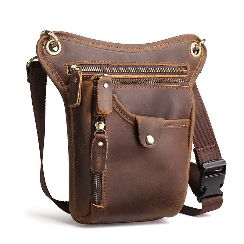 Men's vintage brown crazy horse leather satchel bag with flap closure and carry handles.
