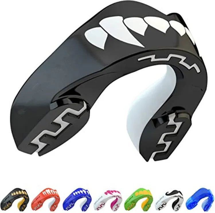 Adult boxing mouthguard with printed tooth design in black and white colour for martial arts training
