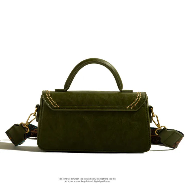 Retro messenger bag in square vertical shape with sandwich pockets and decorative stitching