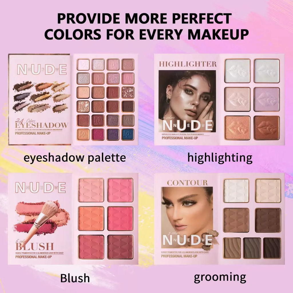 Multifunctional makeup palette open to show matte and shimmer eye shadows, blush, and highlighter pans in colour U137A.