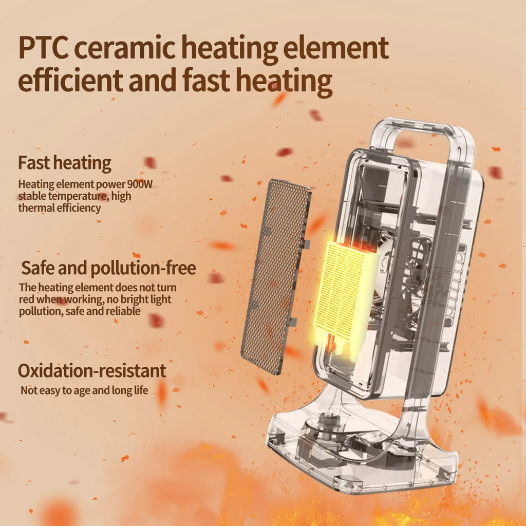 Black HQ-500A desktop PTC ceramic fan heater with control knob on front.